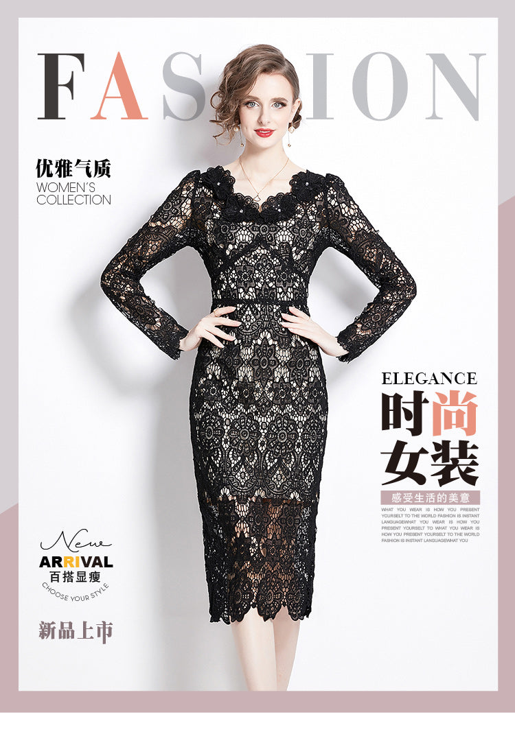 Original design for spring and summer water-soluble lace V-neck slim fit mid length dress for women