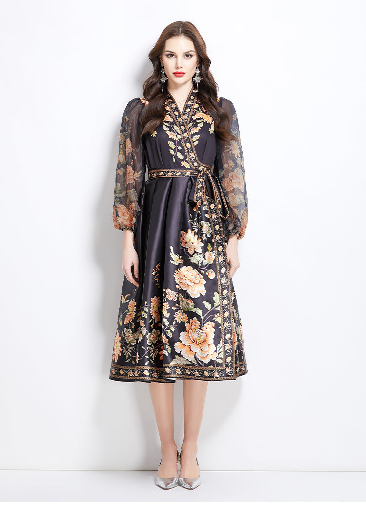 Original design for spring and summer V-neck ethnic style printed satin wrapped long length dress