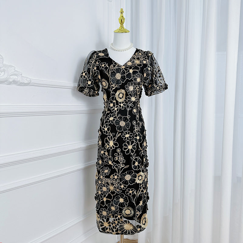 Art embroidery boutique color hand-ordered vintage V-neck slit wrap hip dress