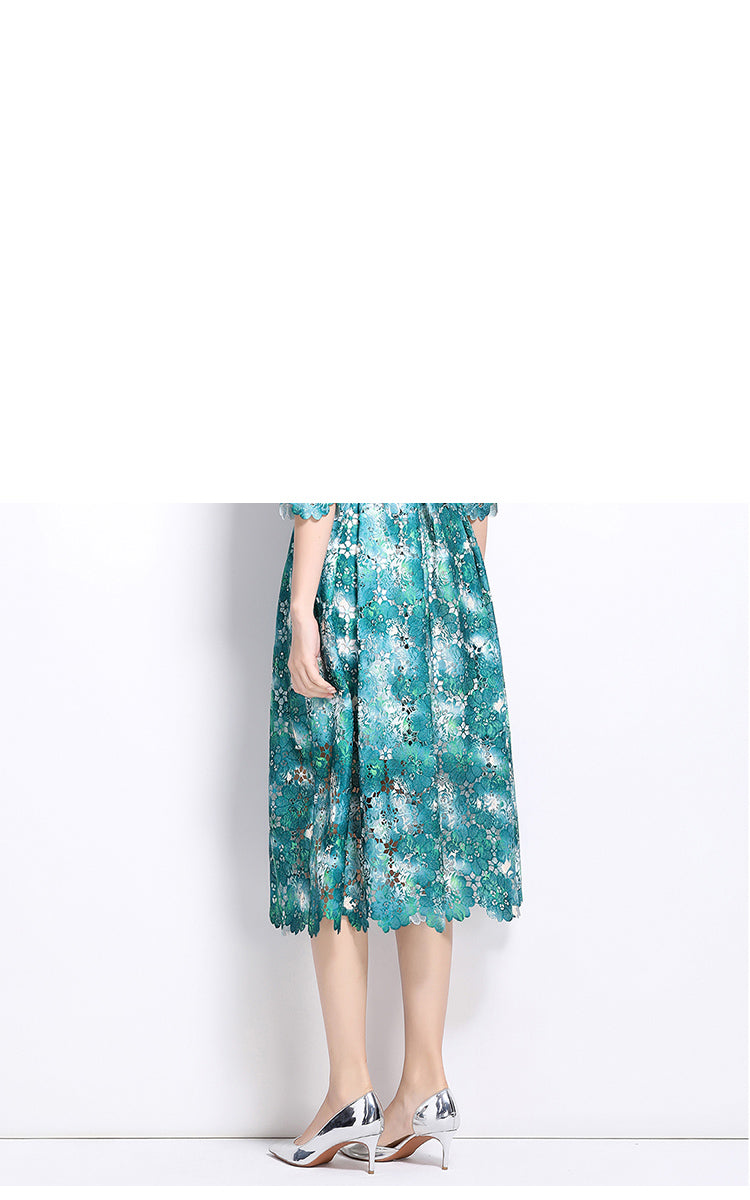 Original design mid long sleeved fashionable slimming hollow out water-soluble lace positioning mid length dress