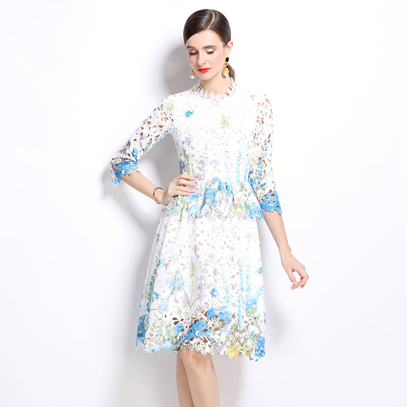 Original design mid long sleeved fashionable slimming hollow out water-soluble lace positioning mid length dress