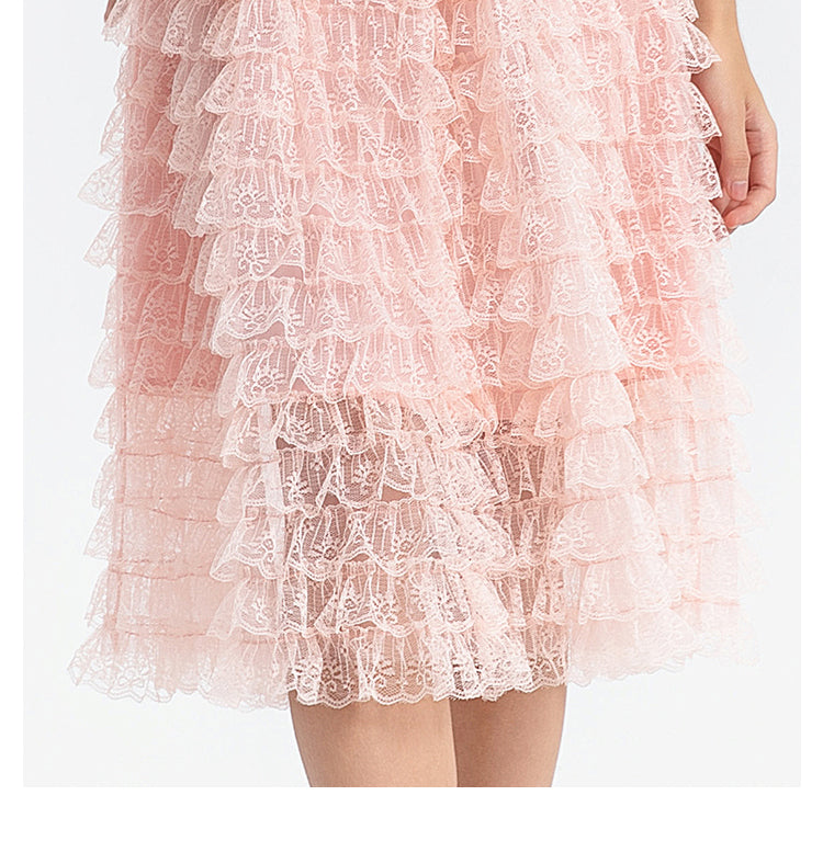 Short-sleeved French sweet lace cake skirt with a diamond waist temperament dress