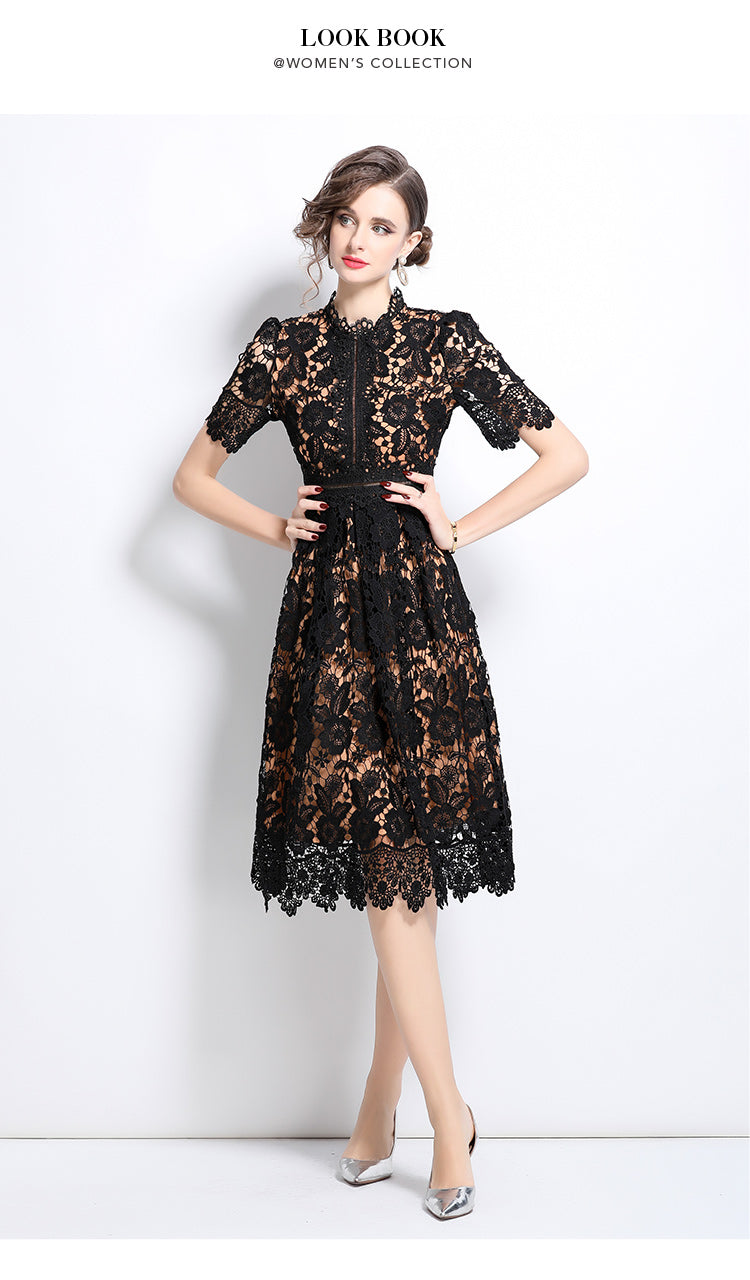 Original design short sleeved slimming hollow out water-soluble lace positioning mid length dress