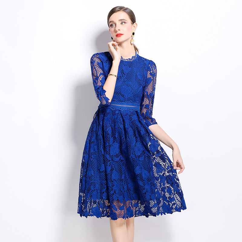 Original design mid long sleeved fashionable slimming hollow out water-soluble lace positioning mid length dress