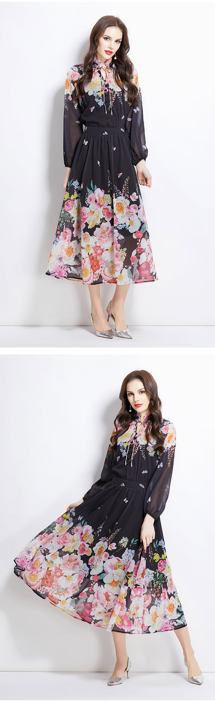 Original Design Spring Summer Autumn Vacation Lantern Sleeve Chiffon Shirt High Waist Half Skirt Two Piece Set