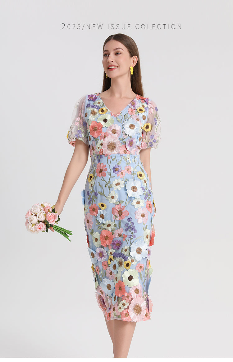 Art embroidery boutique color hand-ordered vintage V-neck slit wrap hip dress