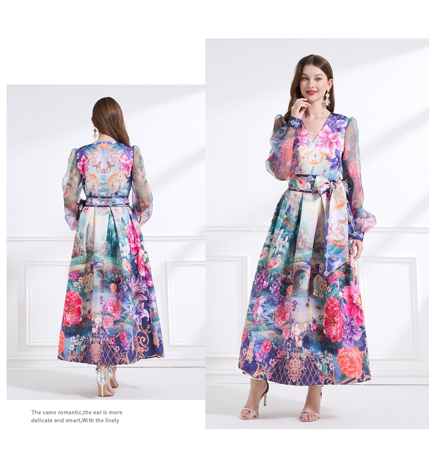 Original design - spring/summer resort-style lace-up wrap skirt, balloon sleeves, cross collar print, wide hem ruffle skirt