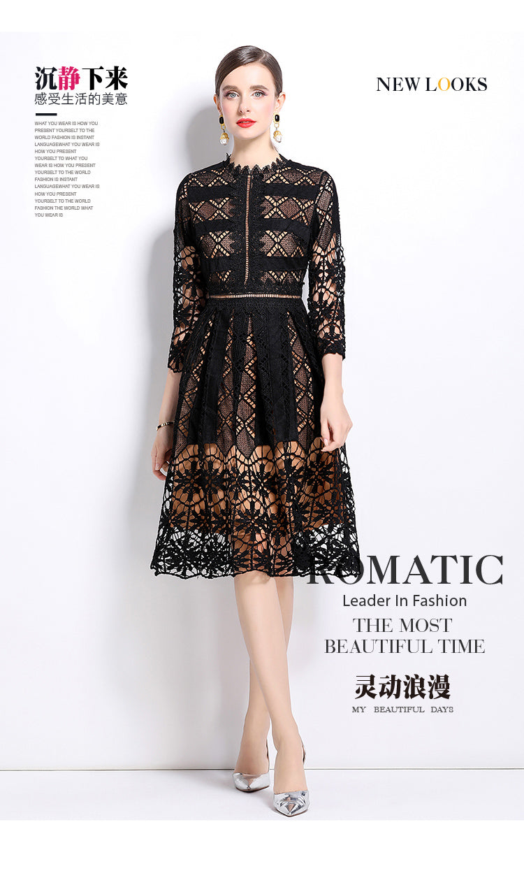 Original design mid long sleeved slimming hollow out water-soluble lace positioning printed mid length dress for spring, summer, autumn vacation
