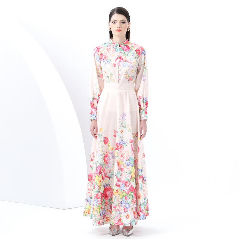Original Design Spring/Summer Retro Style Stand up Collar High Waist Wave Edge Printed Dress Set, Two Piece