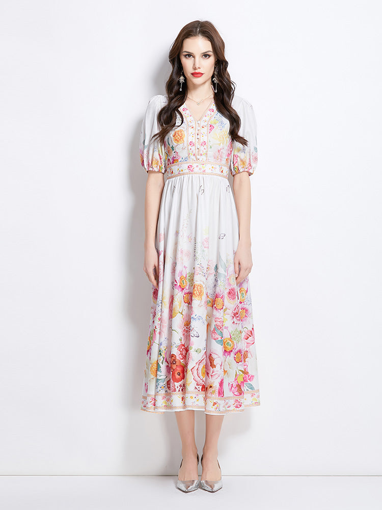 Original design for spring and summer new style bubble sleeve oil painting style waist cinched V-neck dress
