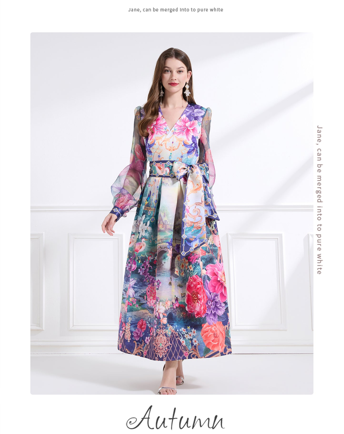 Original design - spring/summer resort-style lace-up wrap skirt, balloon sleeves, cross collar print, wide hem ruffle skirt