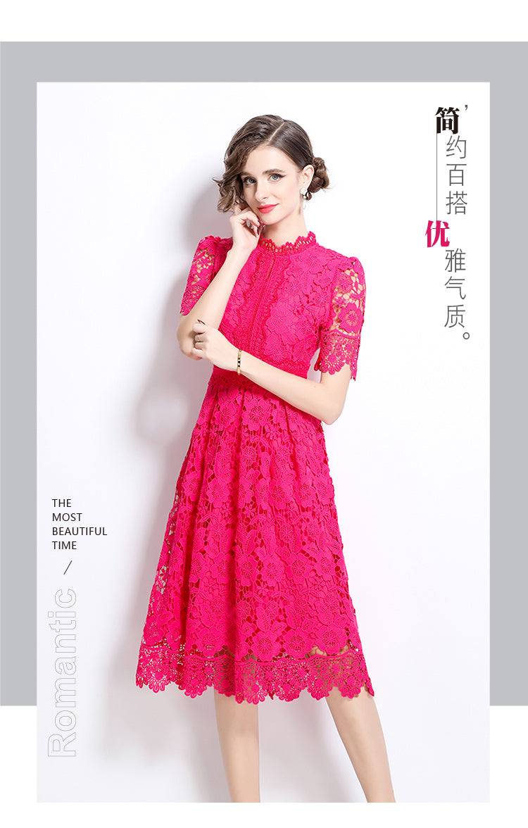 Original design short sleeved slimming hollow out water-soluble lace positioning mid length dress