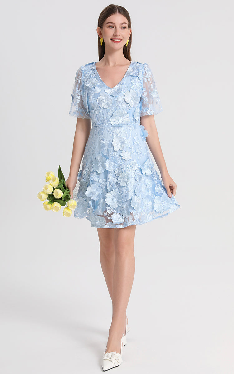 Artwork boutique handmade three-dimensional embroidered French solid color hem VL neck puff sleeve dress