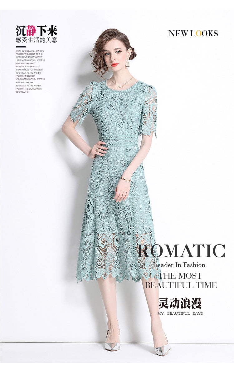 Original design temperament short sleeved skirt slim fit waist cinching heavy industry water-soluble lace dress for women
