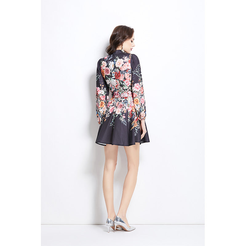 Original Design Spring/Summer Vacation Flower Oil Painting Style Stand up Collar Short Dress