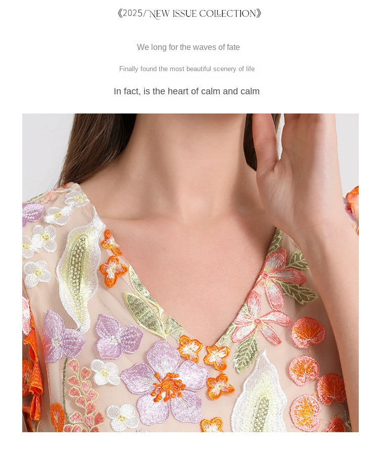 Original Design Handmade Three Dimensional Wheat Sprout Embroidered French Style Dress