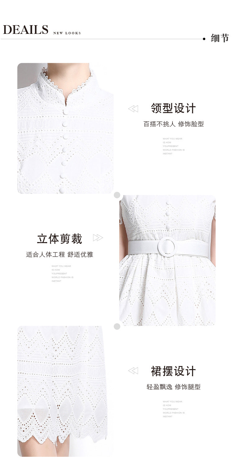 Original design elegant patchwork waist cinching short sleeved dress