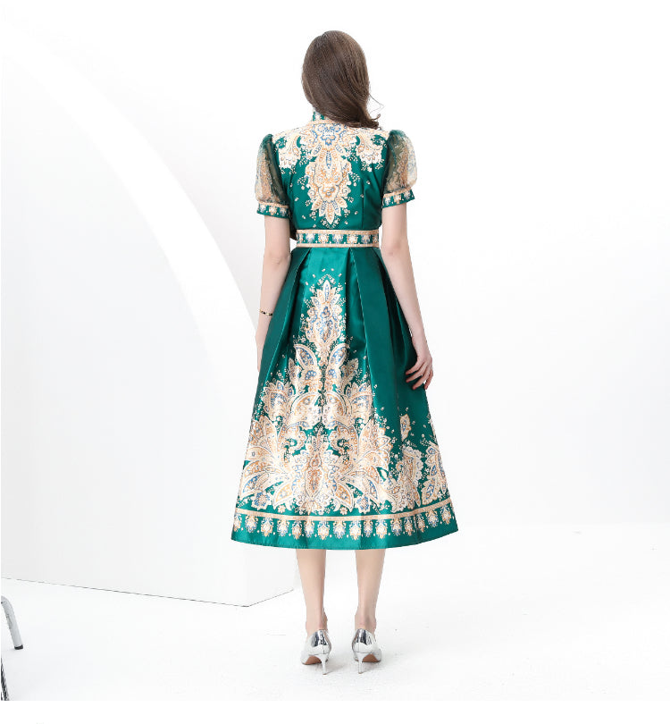 original design Spring/summer wrap tie style V-neck balloon sleeve long vintage print dress