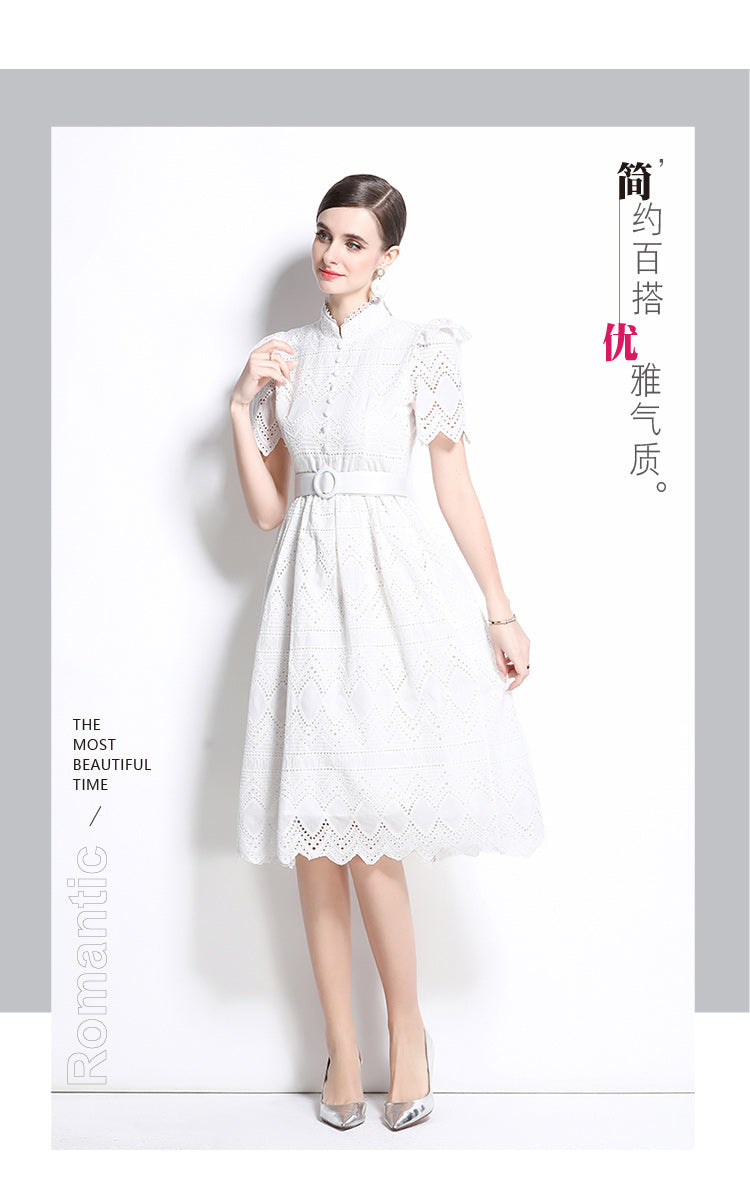Original design elegant patchwork waist cinching short sleeved dress