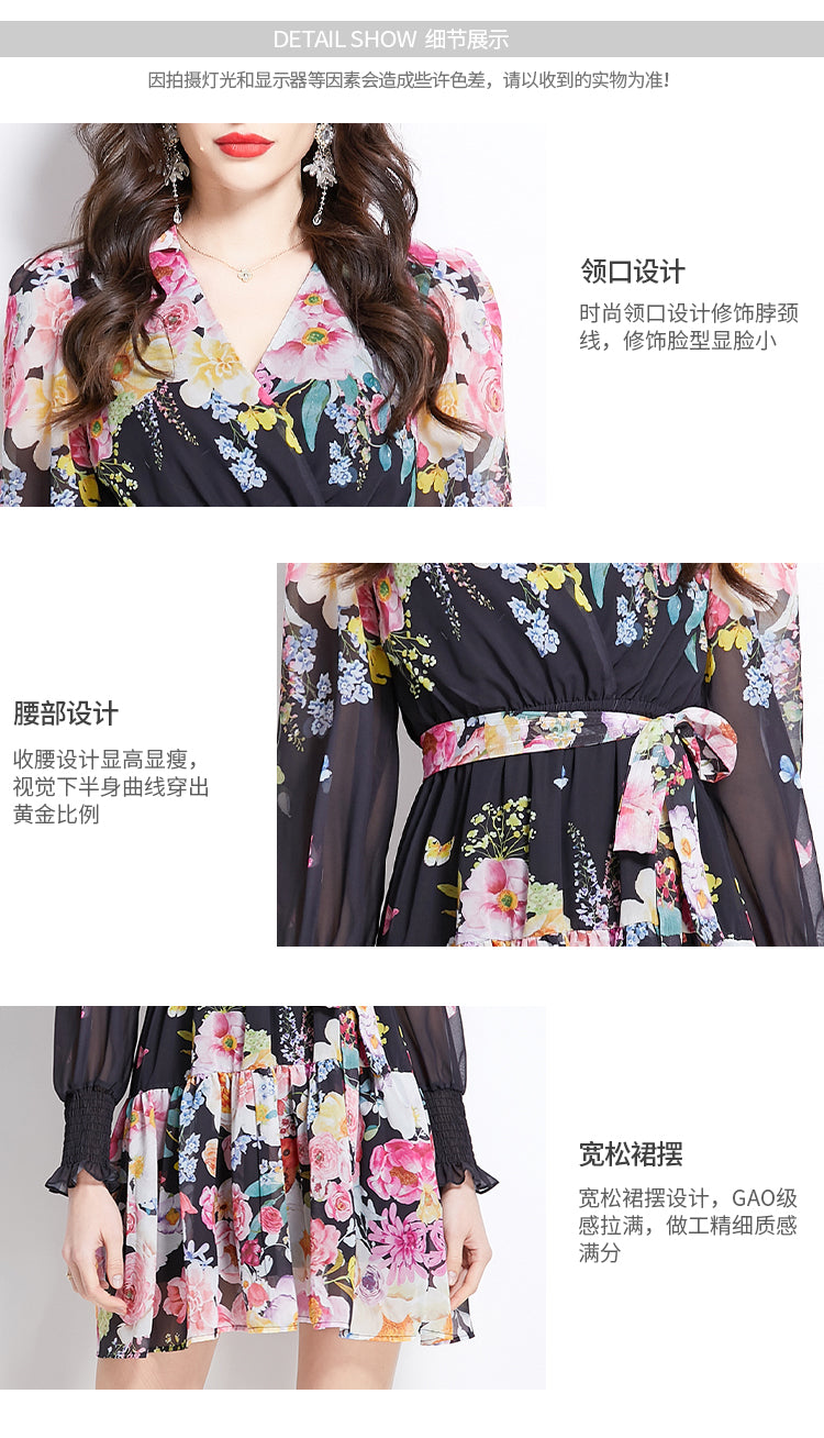 Original Design Spring/Summer Vacation New Flower Oil Painting Style V-neck Short Dress