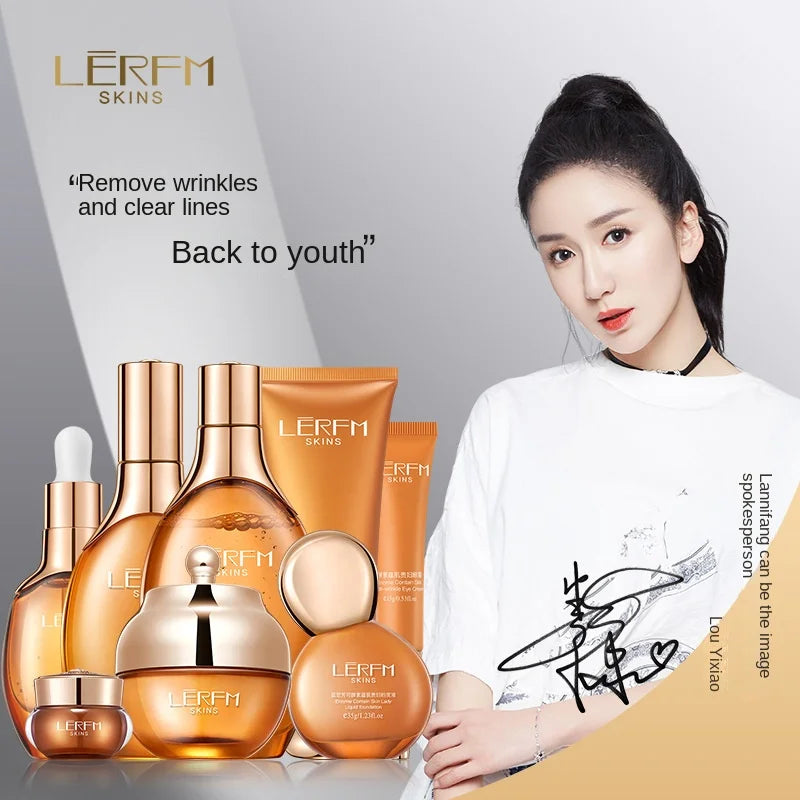 LERFM Fangke Enzyme Nourishing Skin Anti-Wrinkle Lady Eight-Piece Set Hydrating Cosmetics Full Set Firming Light Pattern Set Wholesale
