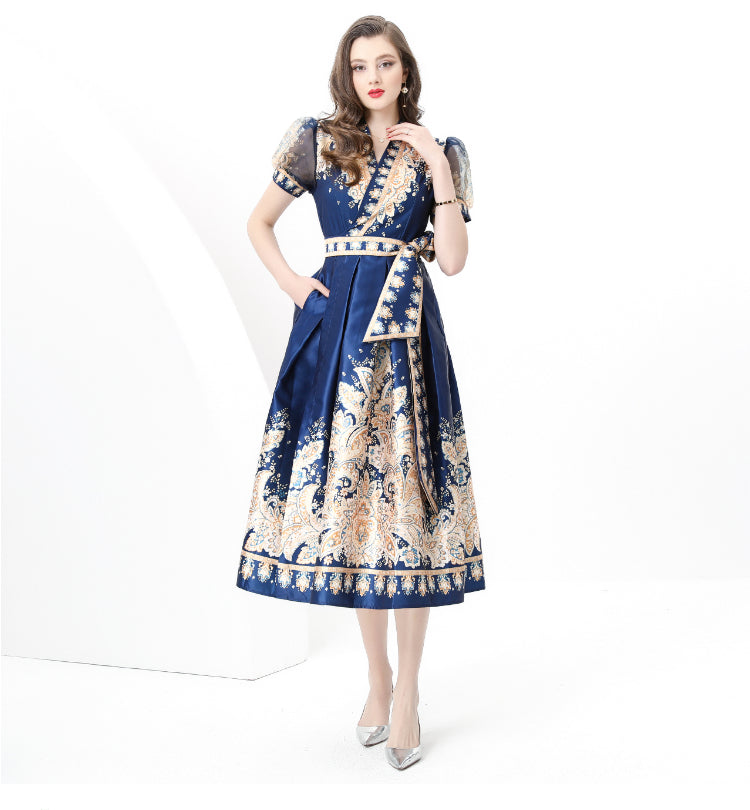 Spring/summer wrap tie style V-neck balloon sleeve long vintage print dress