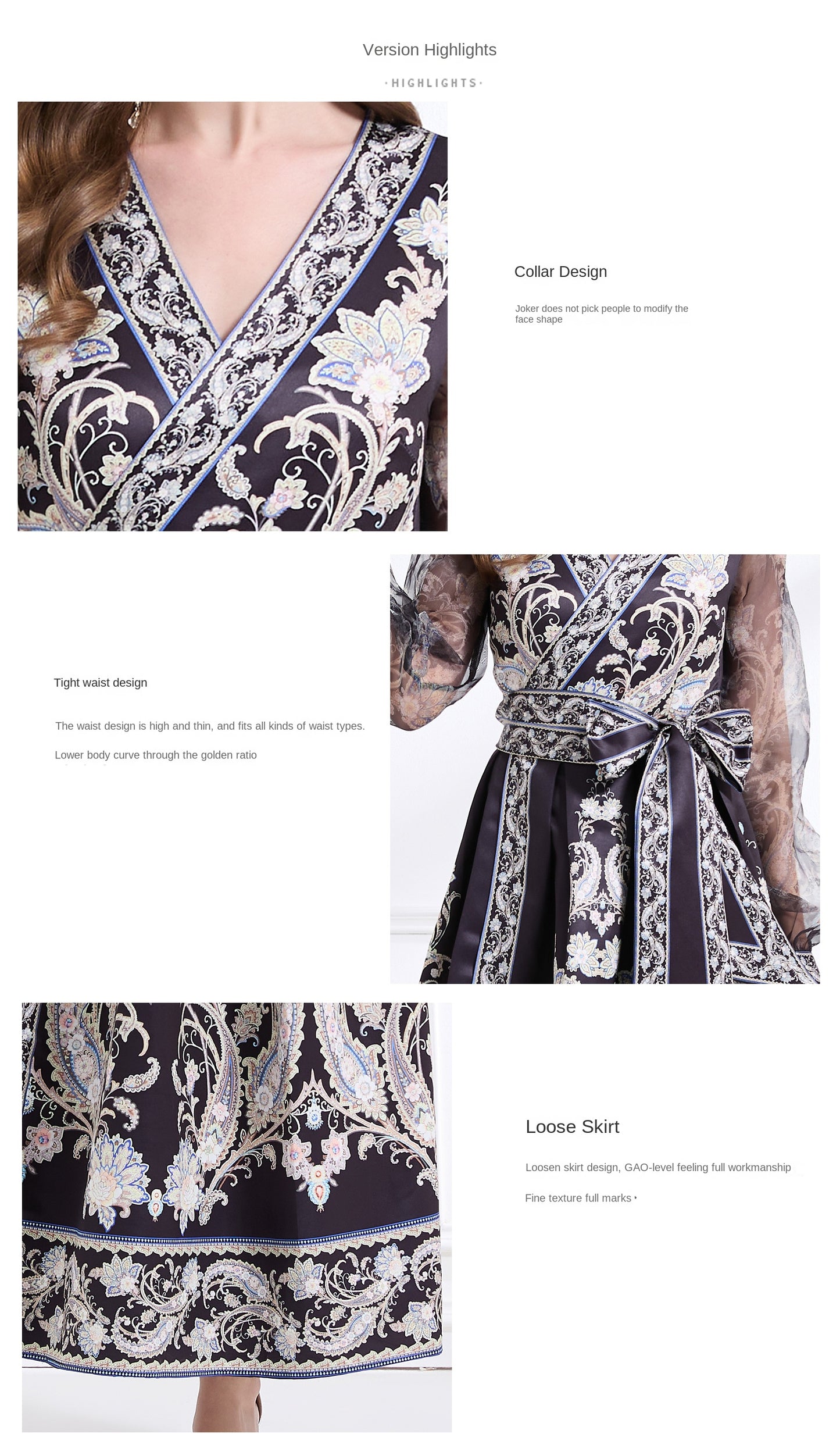 Original design - spring/summer resort-style lace-up wrap skirt, balloon sleeves, cross collar print, wide hem ruffle skirt