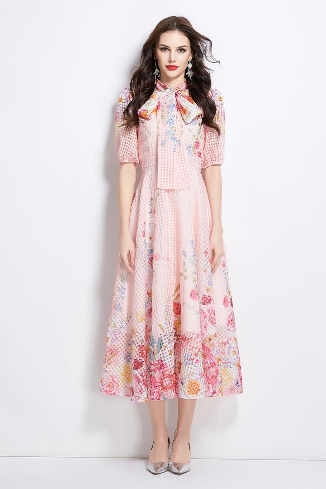 Original Design Spring/Summer Vacation New Oil Painting Flower Bubble Sleeve Medium length Dress
