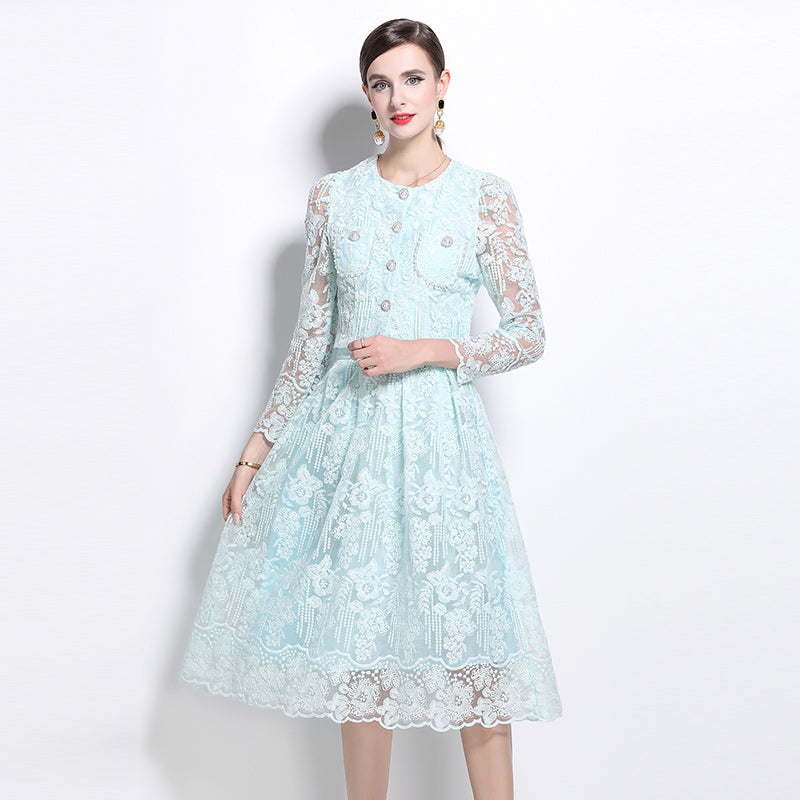 Original design for spring and summer long sleeved small fragrance style set light luxury temperament water-soluble lace skirt two-piece set