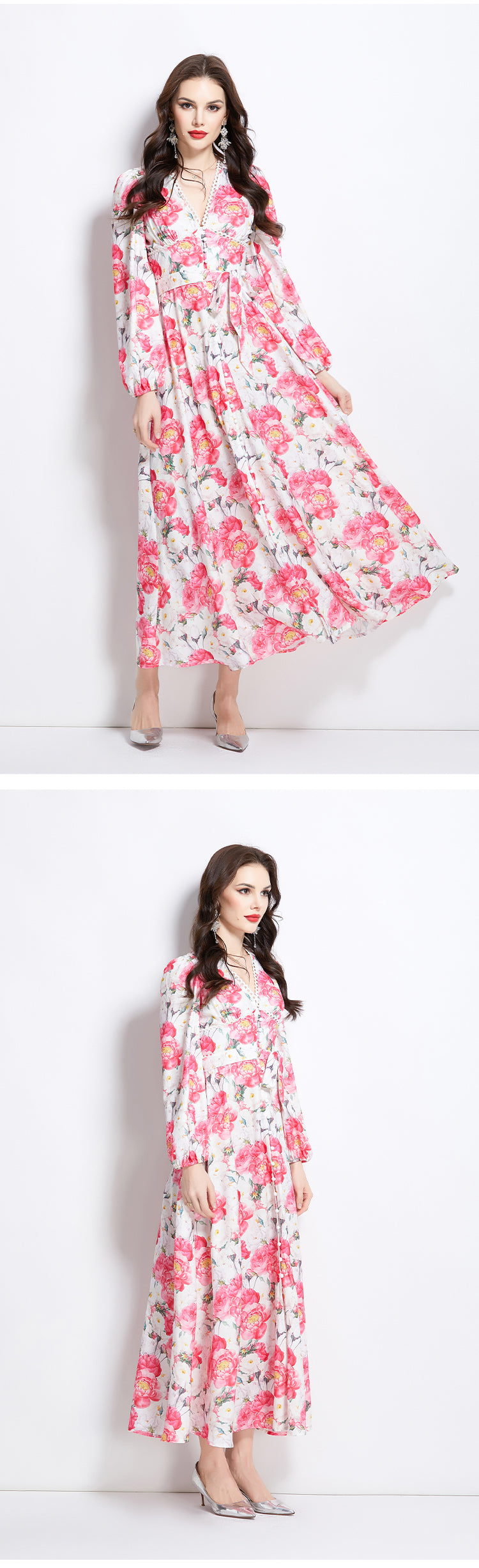 Original Design Spring/Summer Watercolor Flower Long Sleeve Retro Long Dress