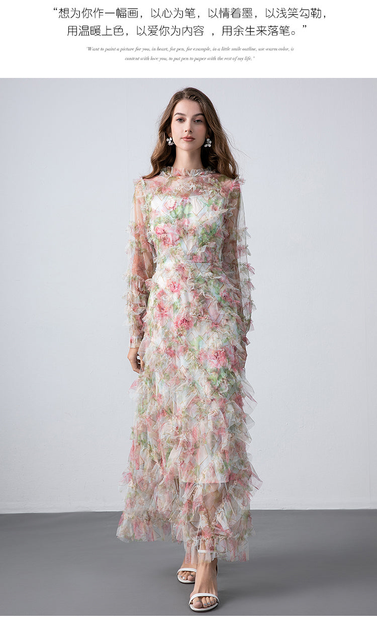 Original design boutique heavy industry romantic fairy temperament printed fungus edge French dress