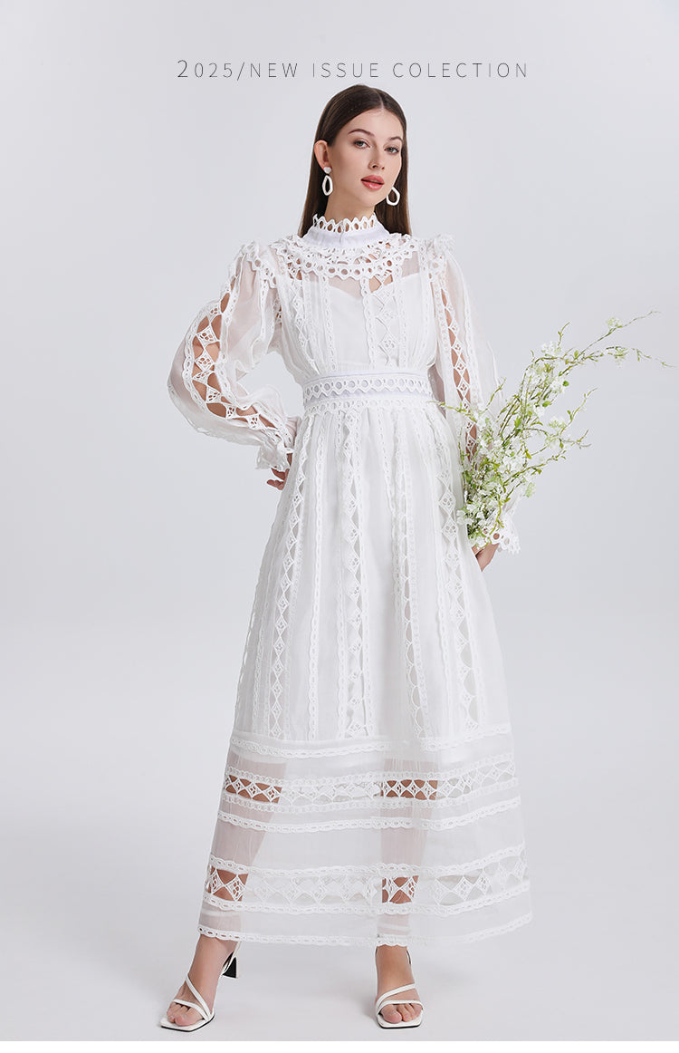 Art cut-out embroidered solid color French maxi skirt waist temperament women's dress
