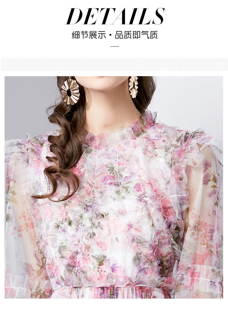 Original design graphic women's French purple and red flower print elegant temperament dress