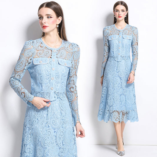 Original design for spring and summer small fragrance style set light luxury and high-end water-soluble lace skirt two-piece set