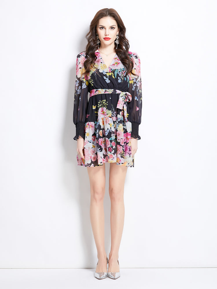 Original Design Spring/Summer Vacation New Flower Oil Painting Style V-neck Short Dress