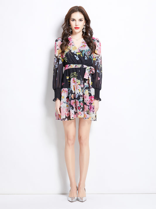 Original Design Spring/Summer Vacation New Flower Oil Painting Style V-neck Short Dress