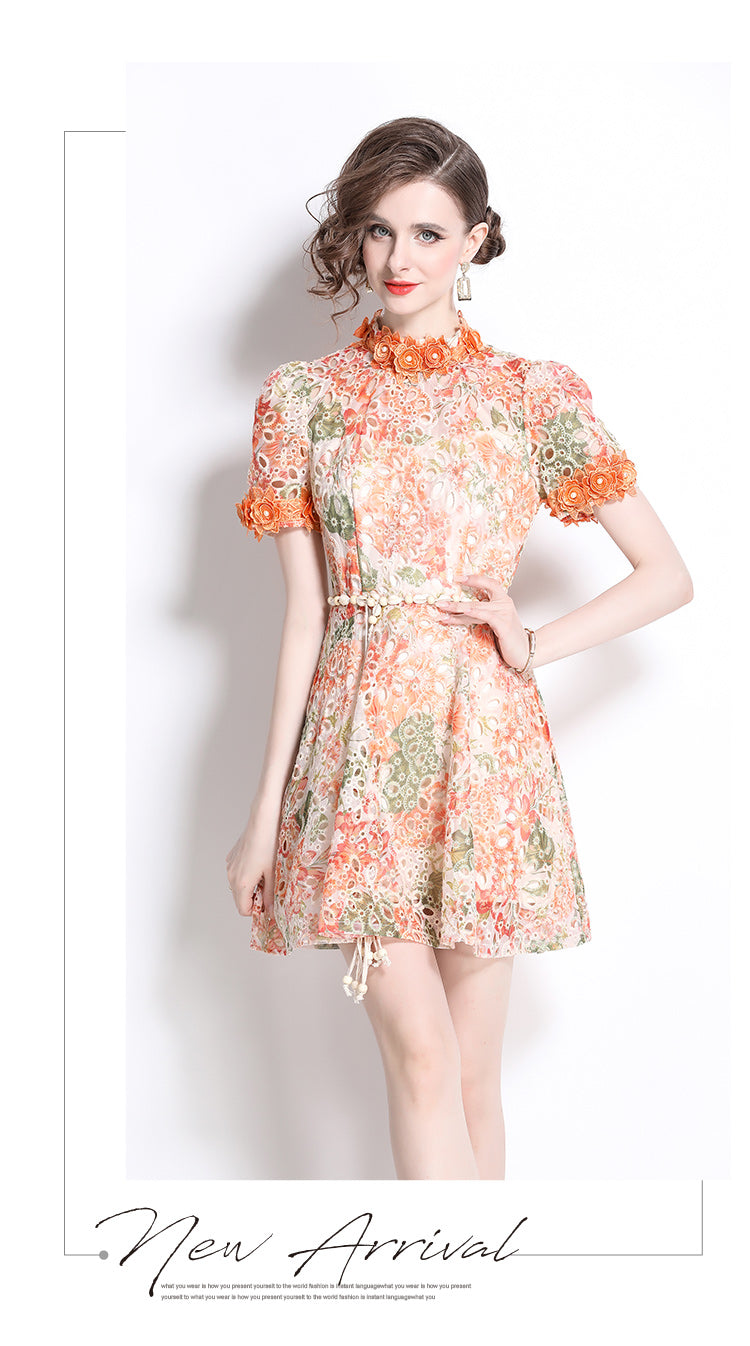 Original Design: Spring/Summer Embroidered Printed Dress for Women with a High end Style and a slimming A-line Skirt with a cinched waist