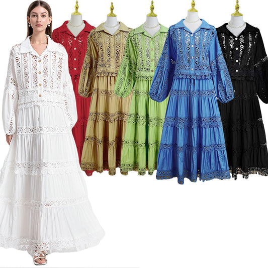 Meizhonggong boutique cut-out lapel lace stitched pendant lace maxi skirt set