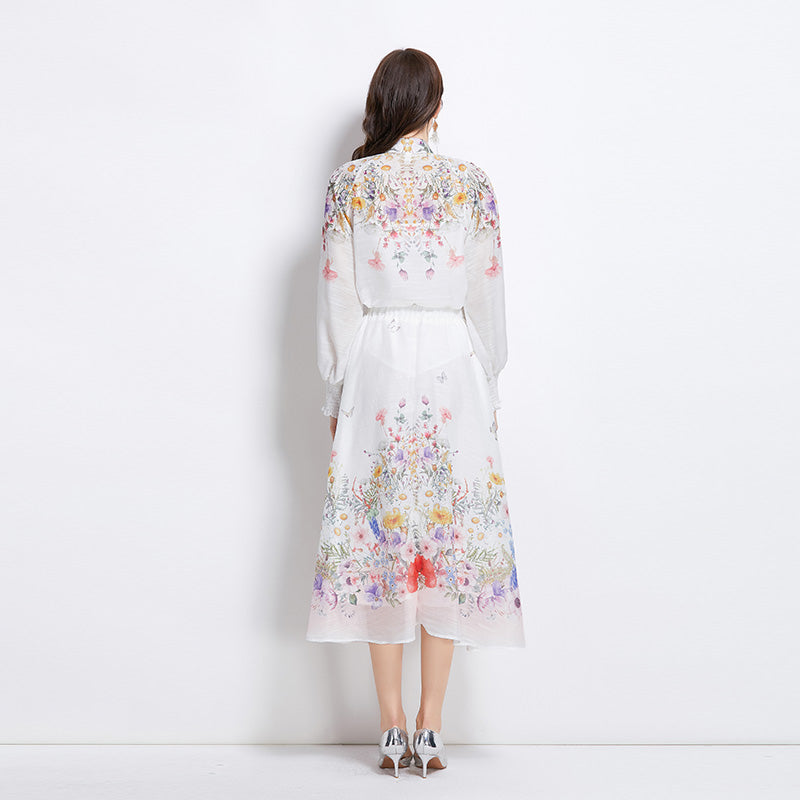 Original Design Spring/Summer/Autumn Vacation Oil Painting Flower Shirt Top Folding Mid length Skirt Set