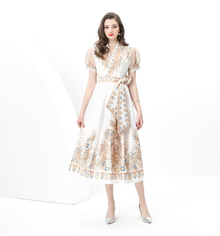 Spring/summer wrap tie style V-neck balloon sleeve long vintage print dress