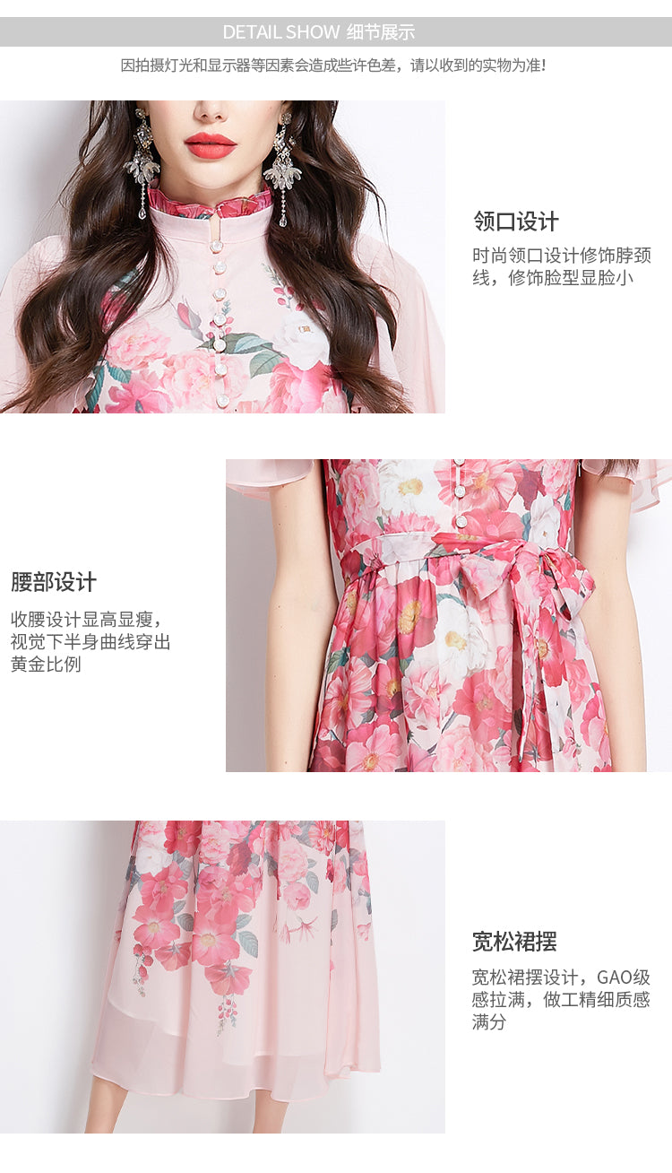Original design for spring and summer small flying sleeves, ruffled edges, floral patterns, colorful waist cinched stand up collar dress