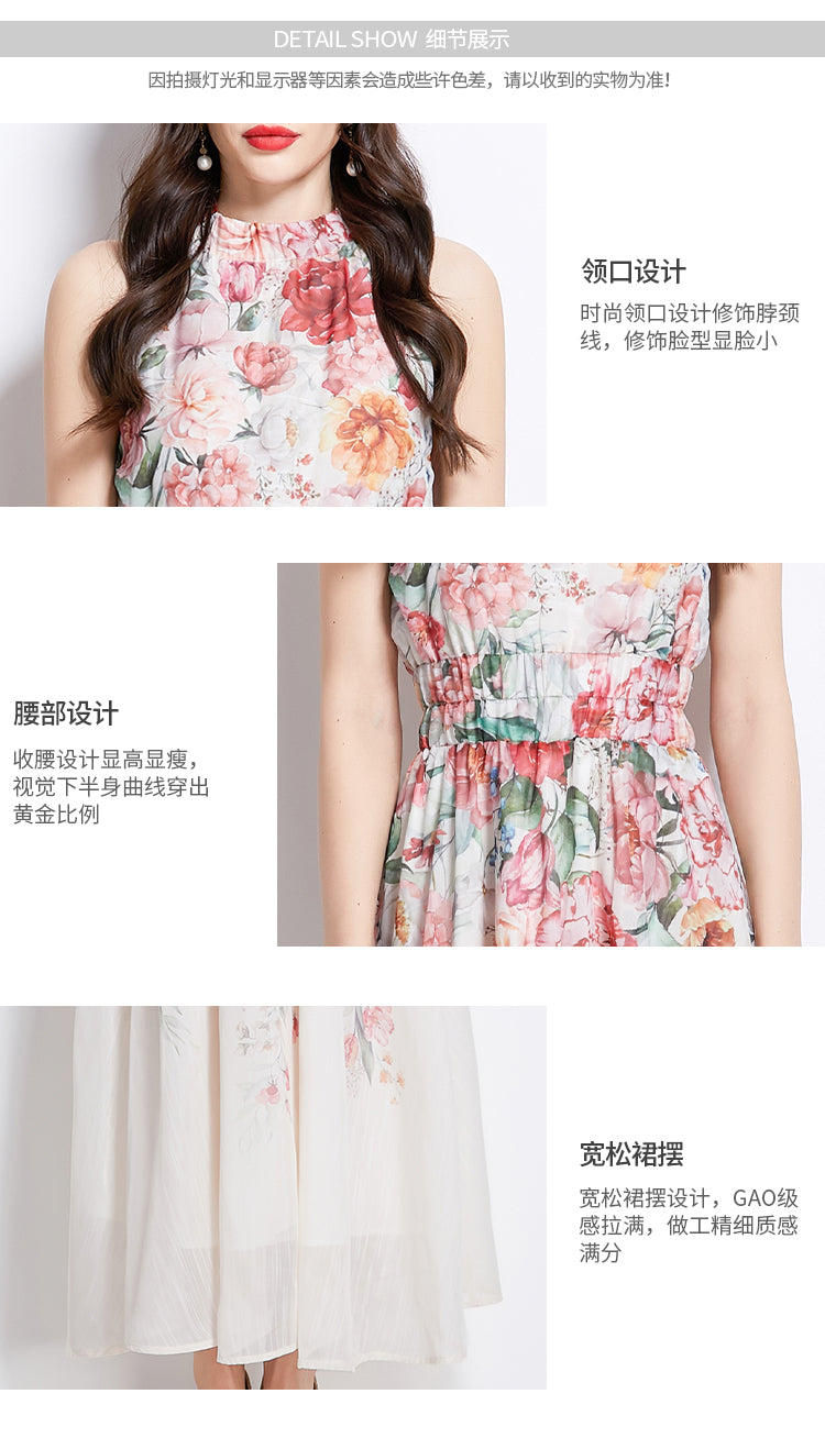 Original Design Spring/Summer Vacation New Oil Painting Flower Printed Hanging Neck Long Dress