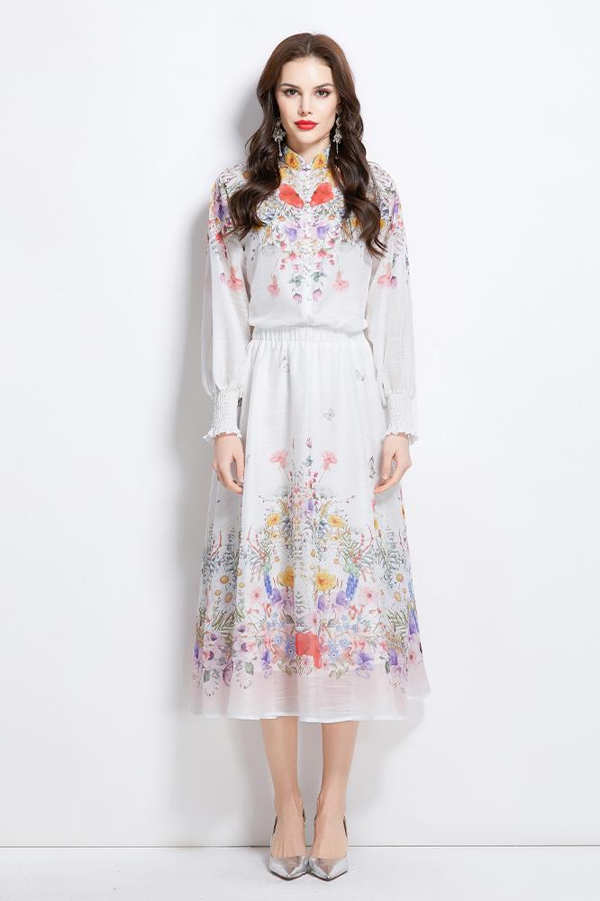 Original Design Spring/Summer/Autumn Vacation Oil Painting Flower Shirt Top Folding Mid length Skirt Set