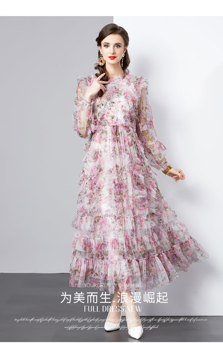 Original design graphic women's French purple and red flower print elegant temperament dress