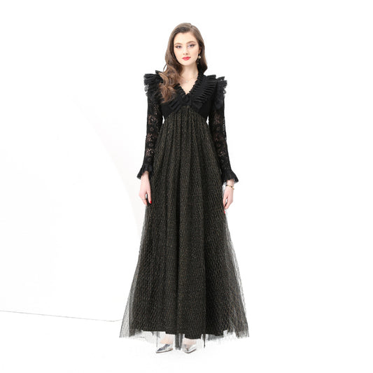 Original design: Spring, Summer, Autumn, resort style, embroidered lace, V-neck, long sleeves, lace and mesh maxi dress
