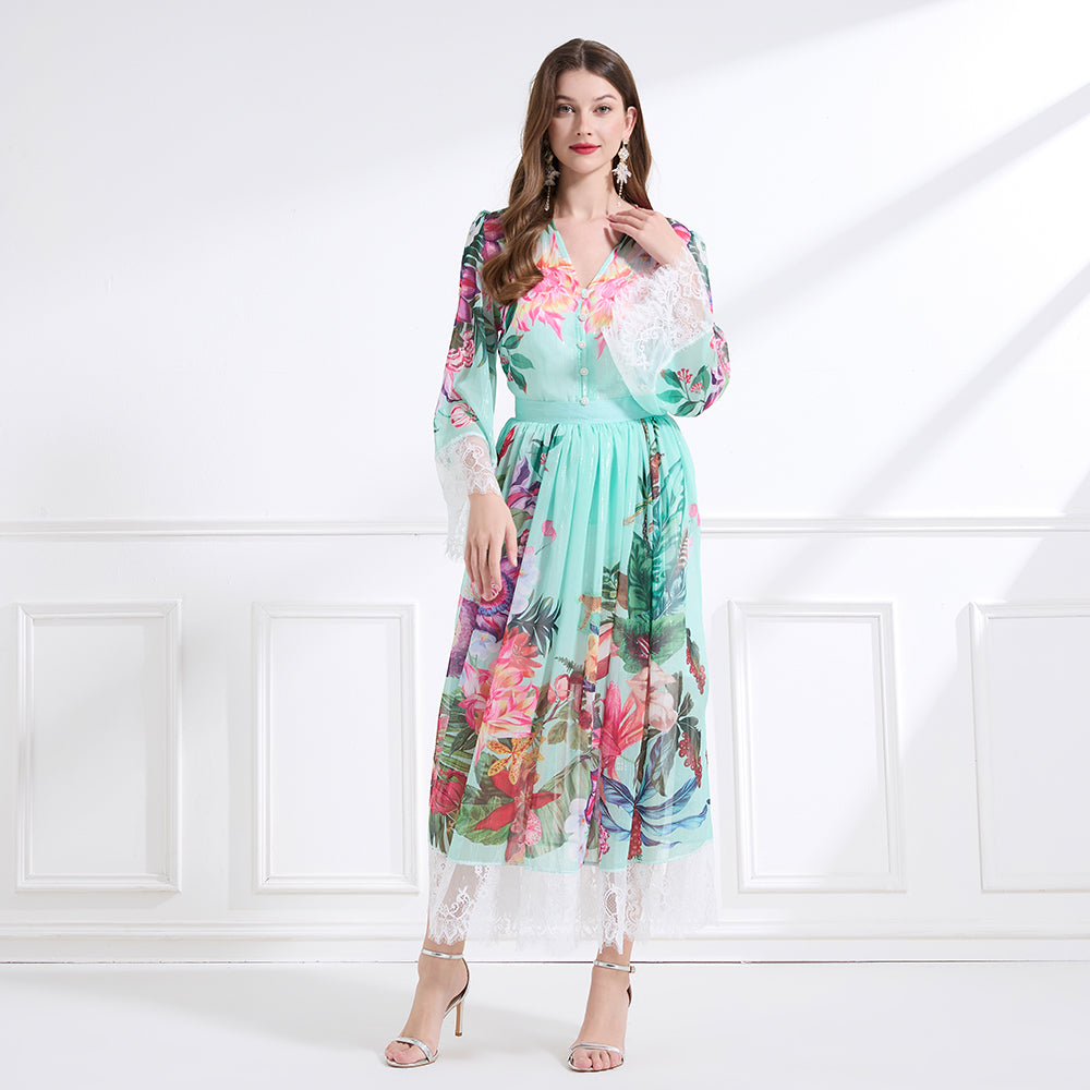 Original design: resort-style V-neck lace print suit, waist-cinching ruffled maxi dress