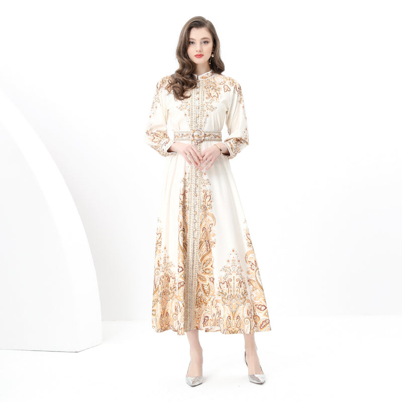 Original design: Spring, Summer, Autumn, resort style, vintage stand-up collar, single-breasted, lace panel, printed wide hem maxi dress