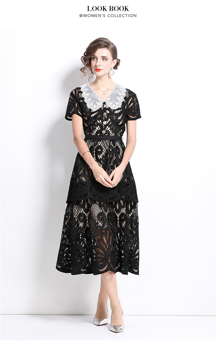Original Design: Spring and Summer High End Water soluble Embroidered Medium length Skirt with V-neck and Waist cinching to Look Thin Dress