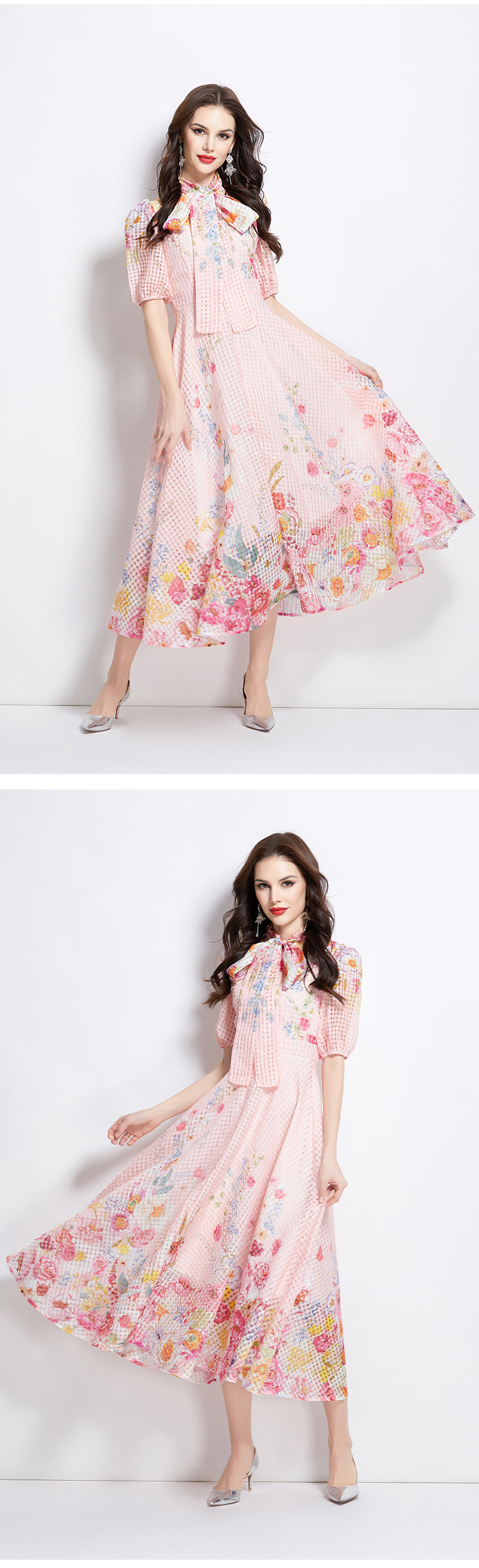 Original Design Spring/Summer Vacation New Oil Painting Flower Bubble Sleeve Medium length Dress