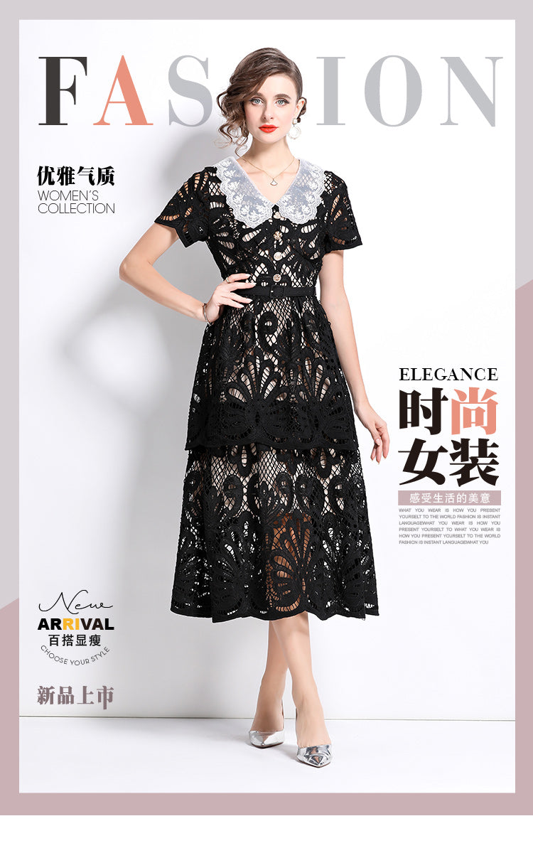 Original Design: Spring and Summer High End Water soluble Embroidered Medium length Skirt with V-neck and Waist cinching to Look Thin Dress
